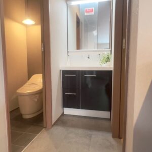 洗面台は鏡の中に収納できるタイプ